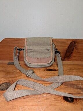 L.L.Bean Mini Canvas Crossbody Bag Leather Trim Tan